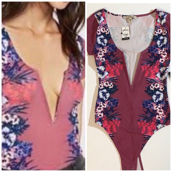 EXPRESS DEEP V  FLORAL BODYSUIT - Picture 2 of 7